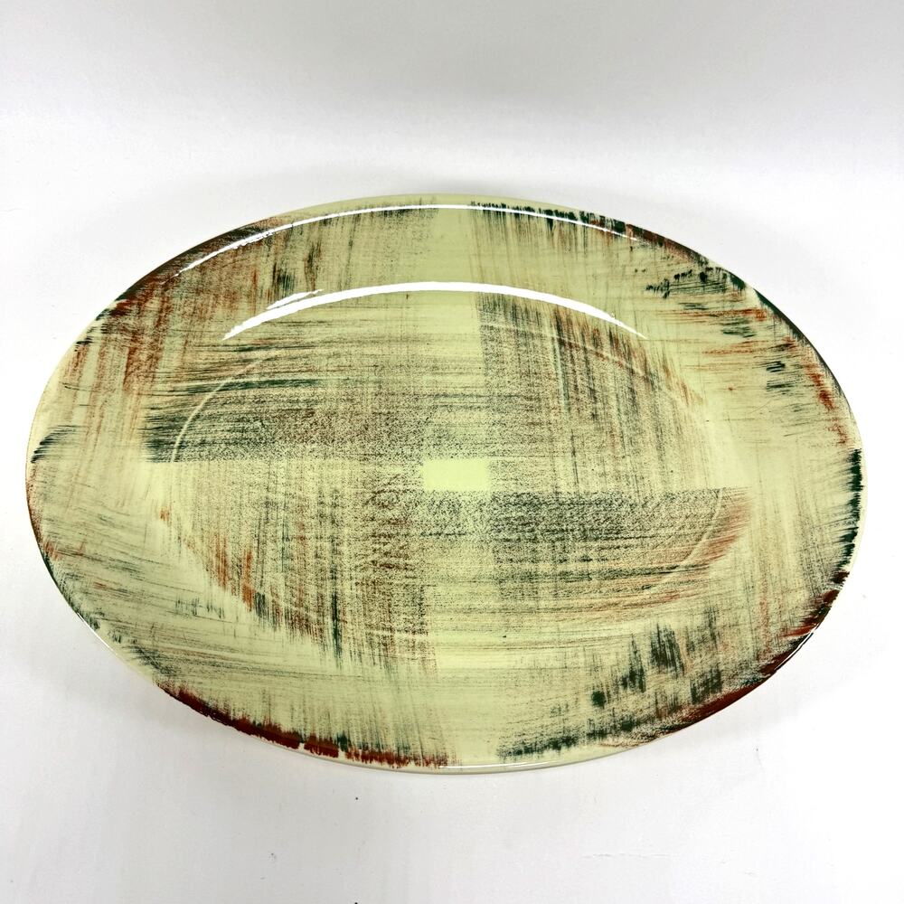 Vintage Serving Platter Plate Vernon Ware Raffia MCM Dinnerware Green Brown